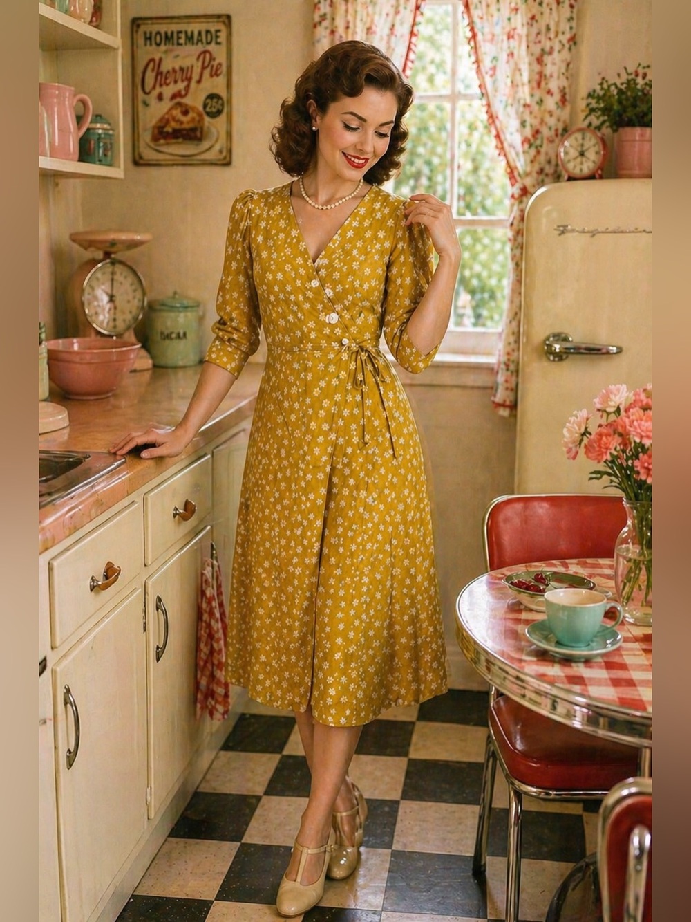 Simple Retro Mustard Yellow Floral Wrap Dress 50s Cottagecore Tea Dress Size M